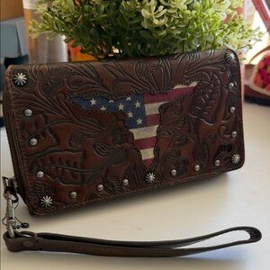 Shyanne Tooled Brown Leather Wristlet Wallet with American Flag Inlay